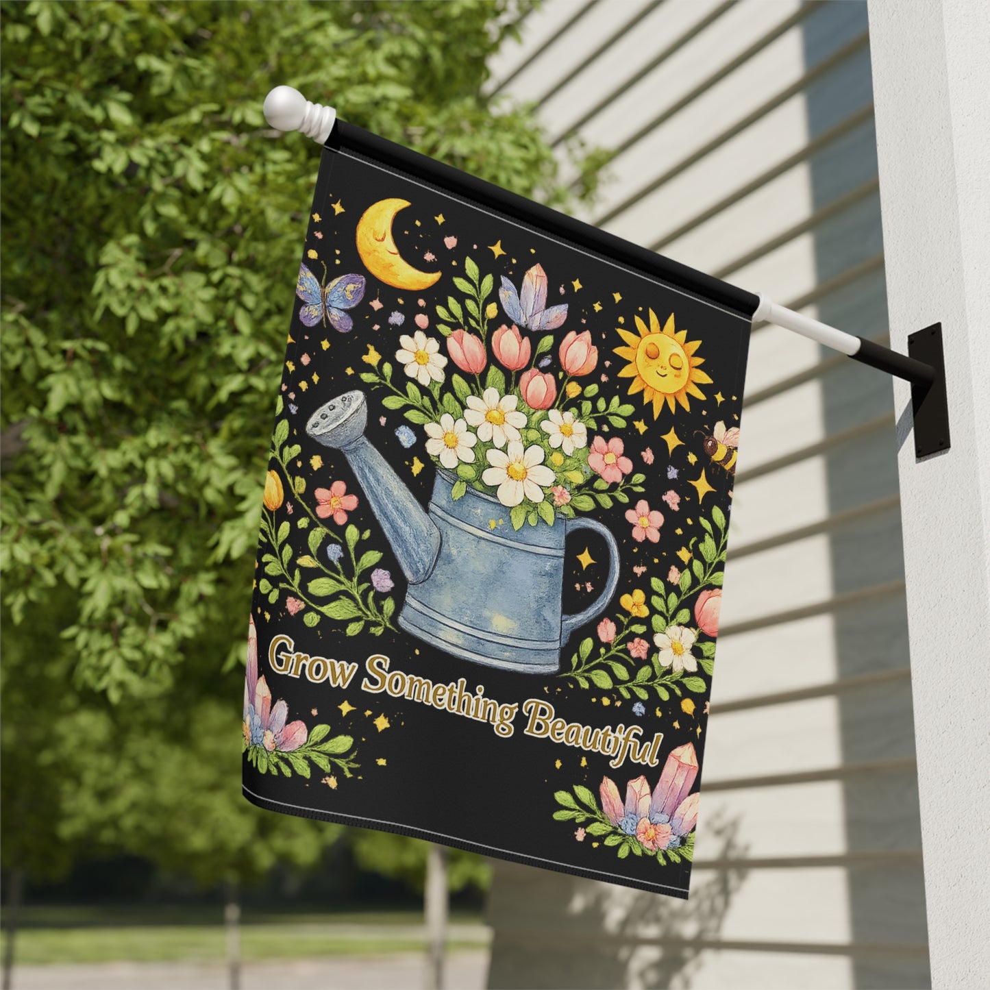 "Grow Something Beautiful" Watering Can Garden Flag/House Banner