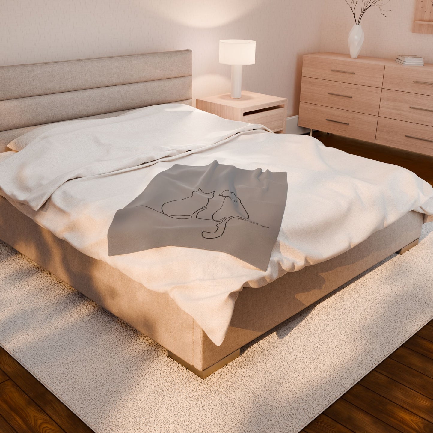 Velveteen Plush Blanket — Minimal Line Art Cat Throw for Cat Lovers