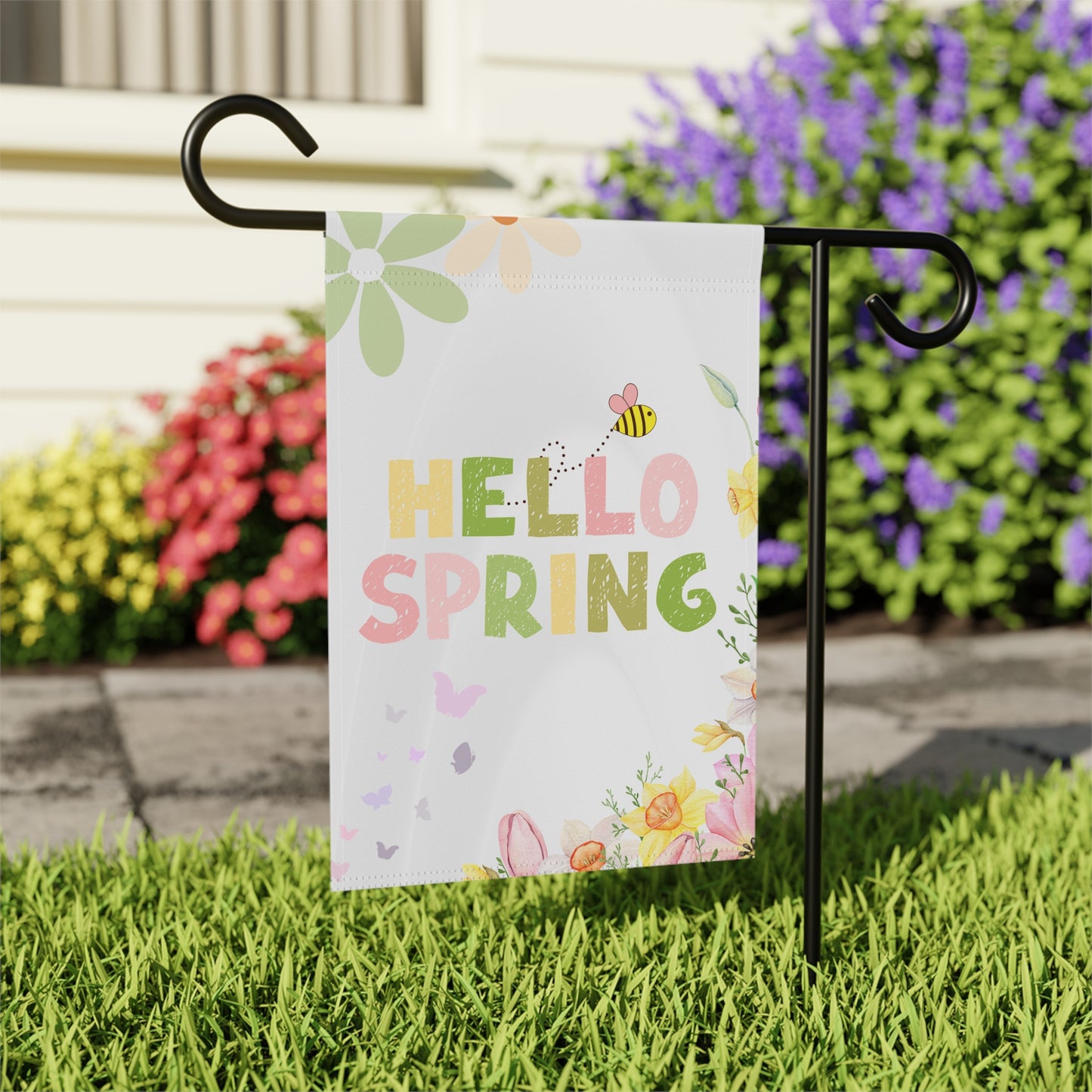 Hello Spring Garden Flag – Floral Bee House Banner for Porch & Yard