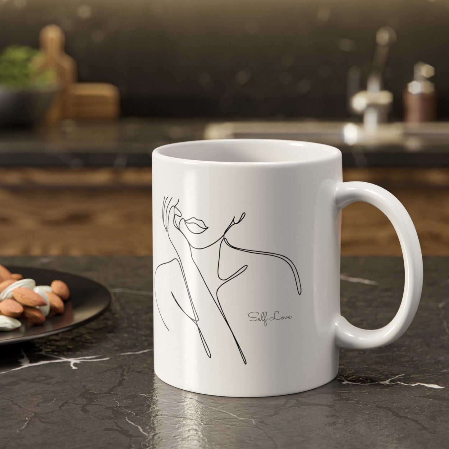 Minimal Line Art Woman Ceramic Mug — Feminine Self-Love Coffee Cup, 11oz