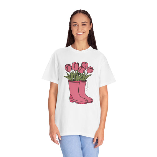 Spring Pink Rainboots with Tulips Graphic T-Shirt