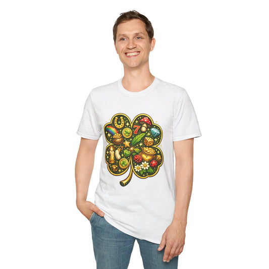 St. Patrick's Day Lucky Clover T-Shirt — Four-Leaf Shamrock with Gold Coins & Lucky Charms