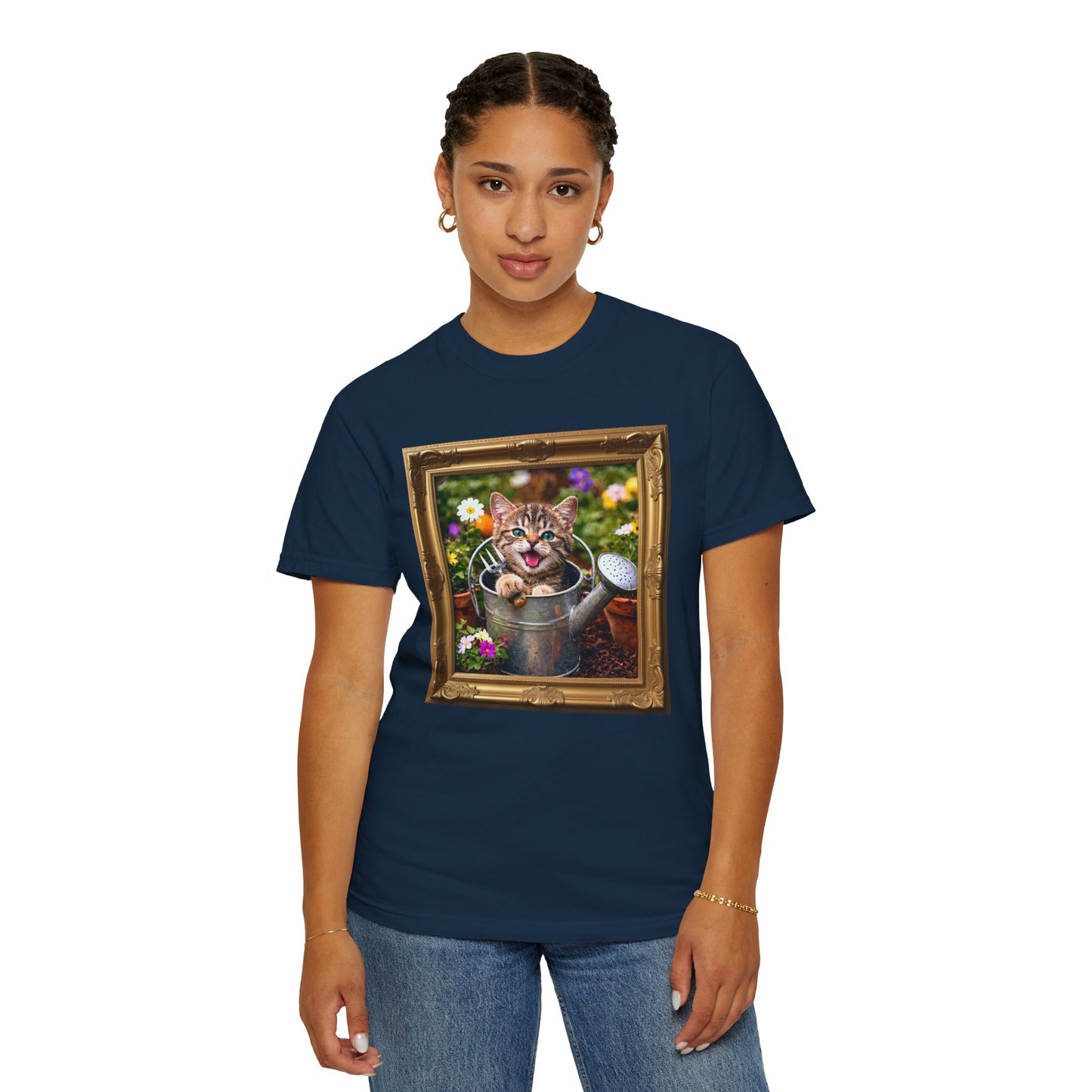 Framed Garden Cat in Watering Can Graphic T-Shirt