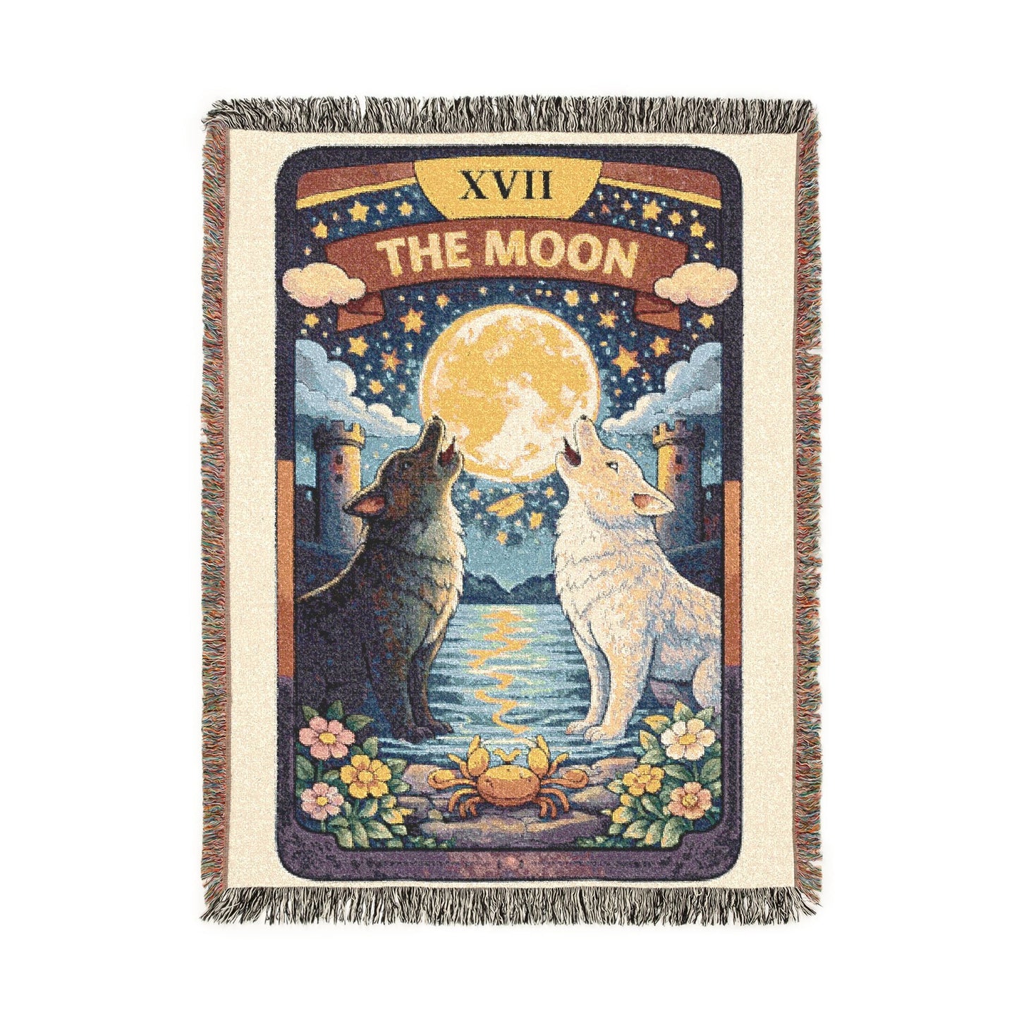 The Moon Tarot Card (Wolves) Woven Blanket/Throw