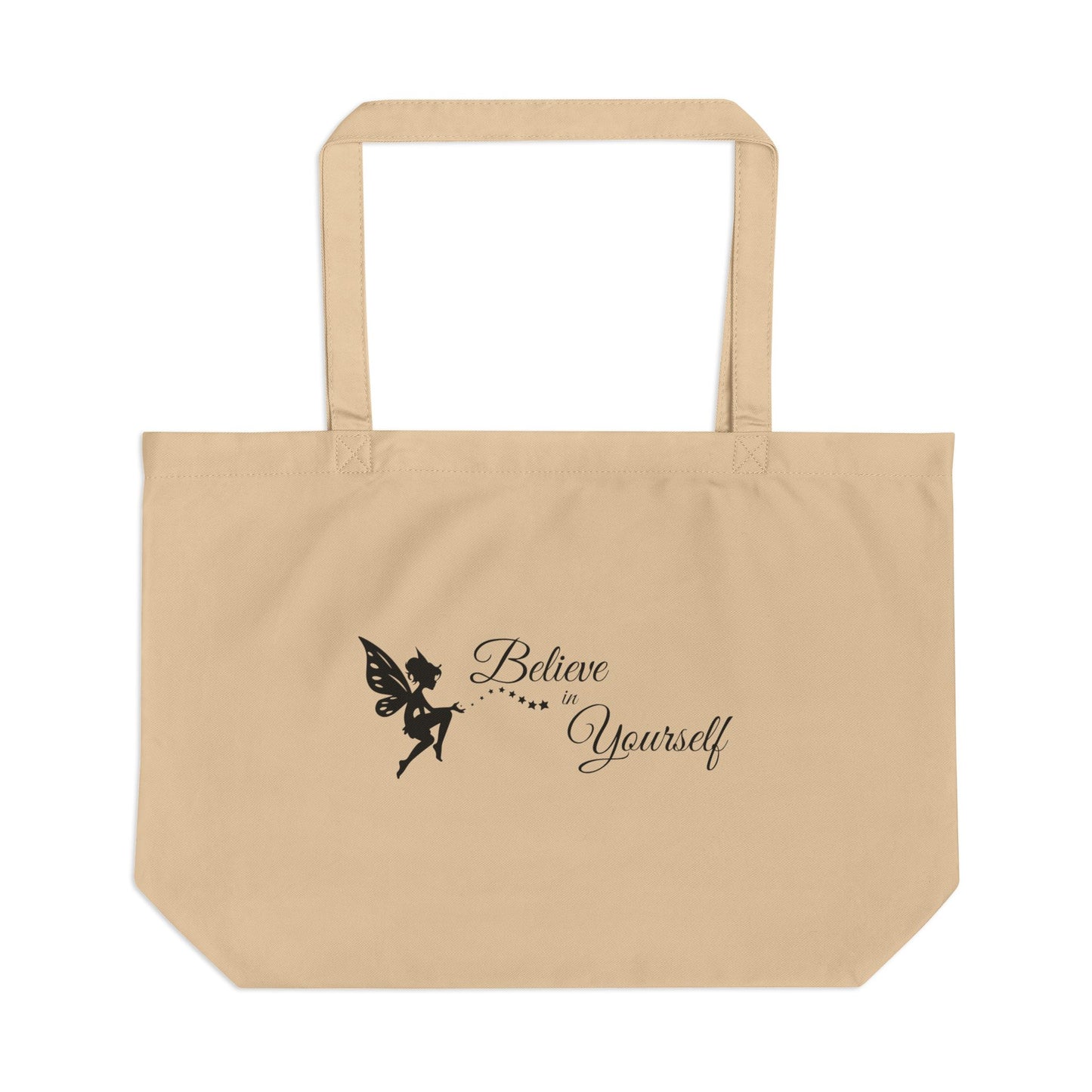 Beige tote bag with a fairy and 'Believe in Yourself' text on a white background