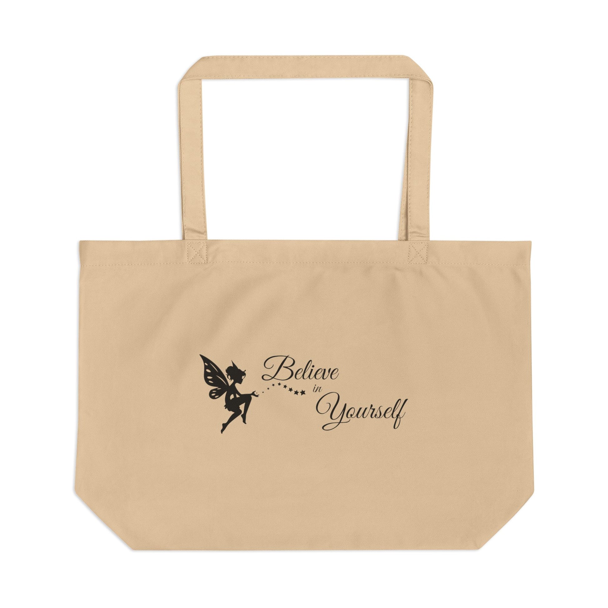 Beige tote bag with a fairy and 'Believe in Yourself' text on a white background