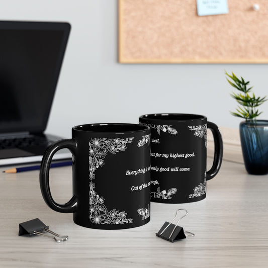 Affirmation Black Mug — 'All is well. I am safe.' Floral Inspirational Coffee Cup (11oz/15oz)