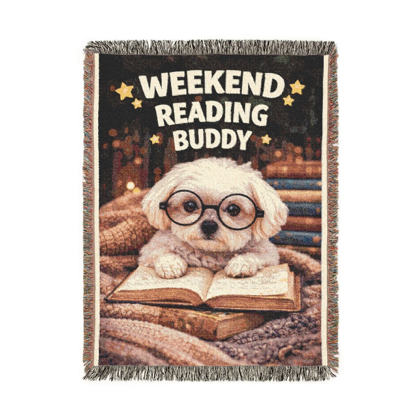 Blanket with an owl design and 'Weekend Reading Buddy' text on a bookshelf background