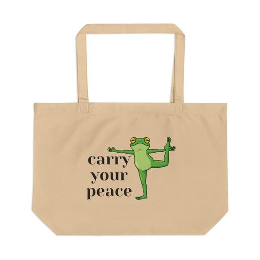 Large Eco Tote — "Carry Your Peace" Yoga Frog