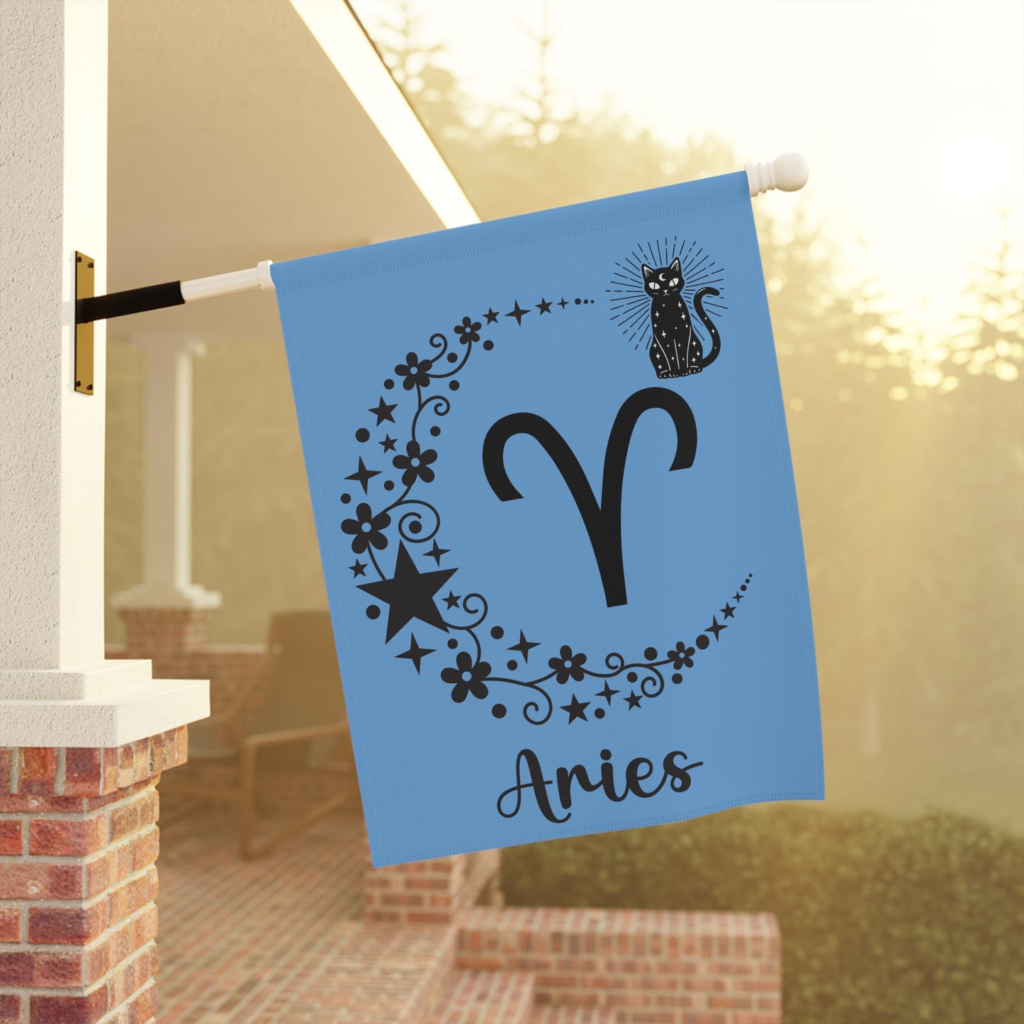Aries Zodiac Garden Flag – Celestial Moon & Cat House Banner