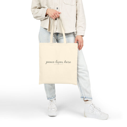 Canvas Tote Bag — "peace lives here" Minimalist Eco Shopper