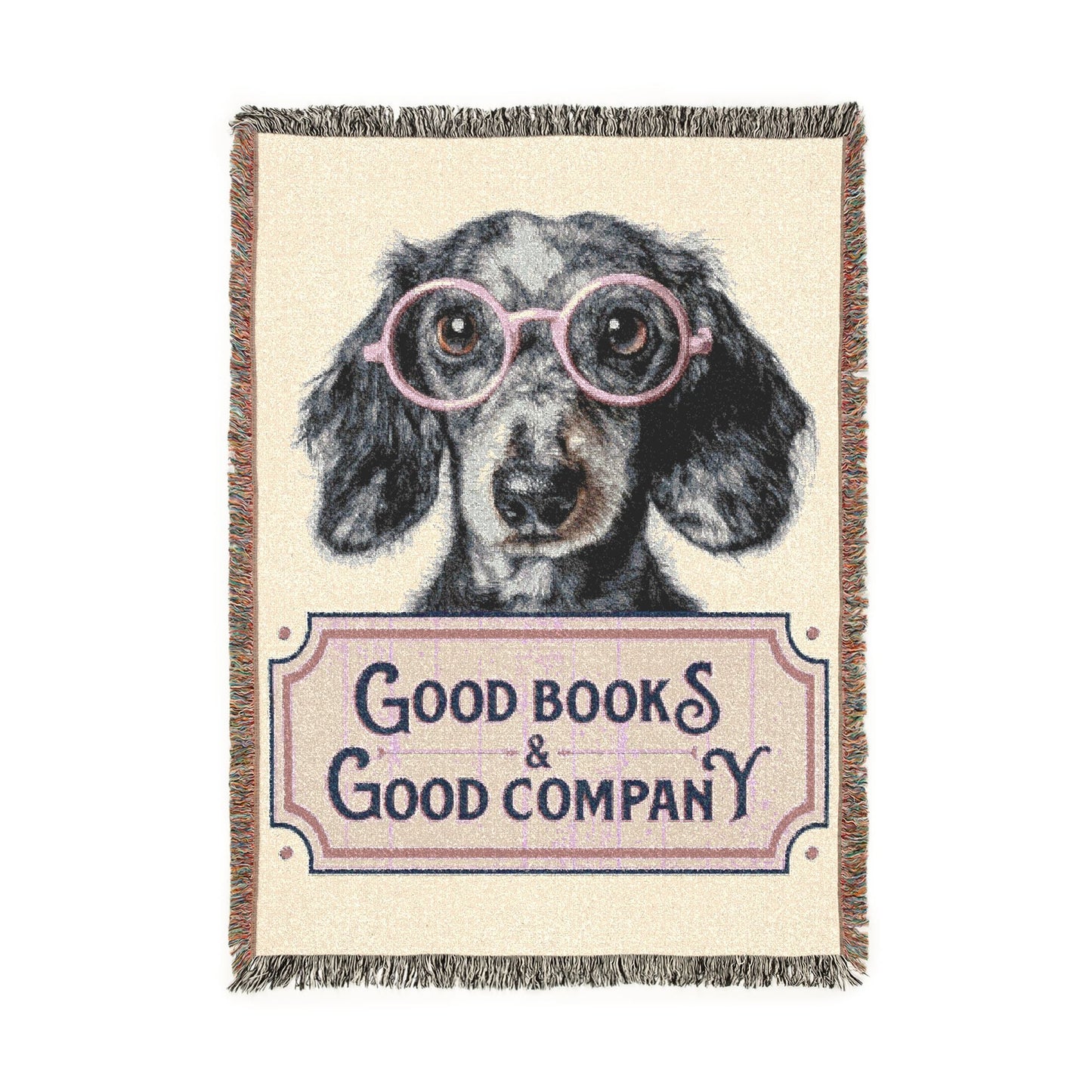 Woven blanket with a dog wearing glasses and 'Good Books & Good Company' text on a white background