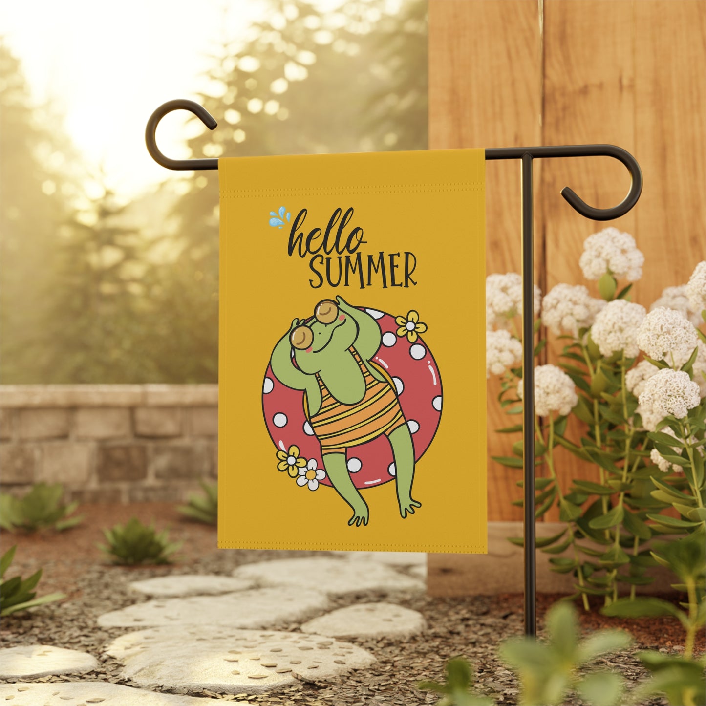 Hello Summer Garden Flag/Banner — Frog on Floatie
