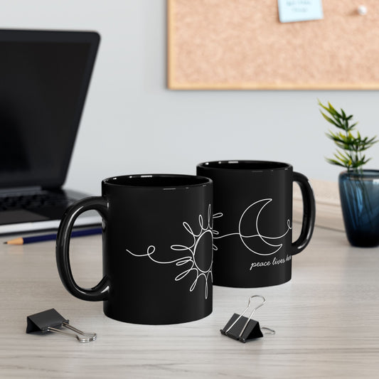 Peace Lives Here Black Mug — Minimal Sun & Moon Ceramic Coffee Cup (11oz/15oz)