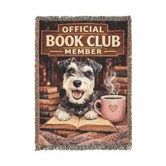 Woven blanket with a dog and book design, featuring the text 'Official Book Club Member'.