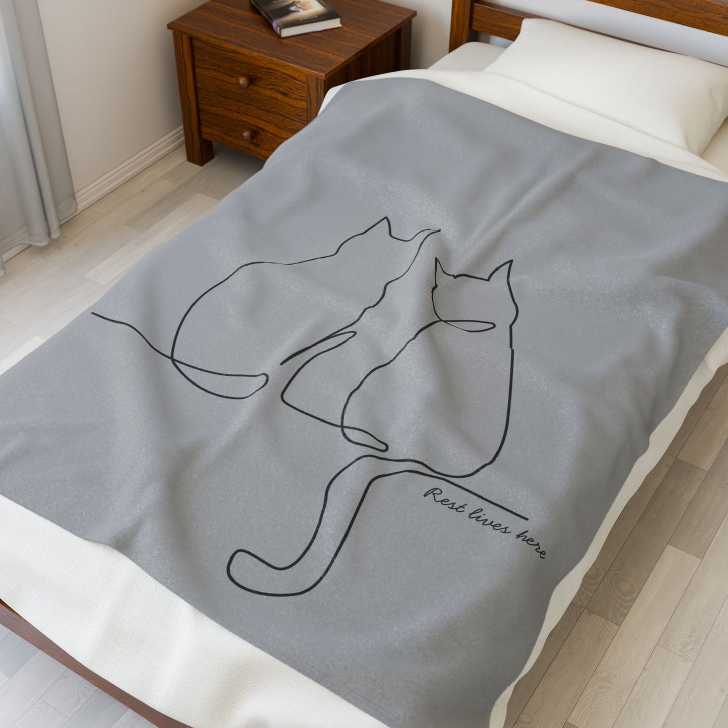 Velveteen Plush Blanket — Minimal Line Art Cat Throw for Cat Lovers