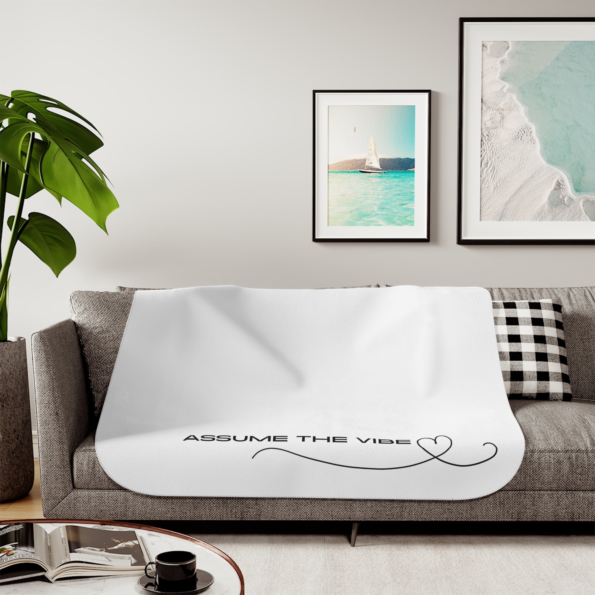 White blanket with 'Assume the Vibe' text on a gray sofa in a living room setting.