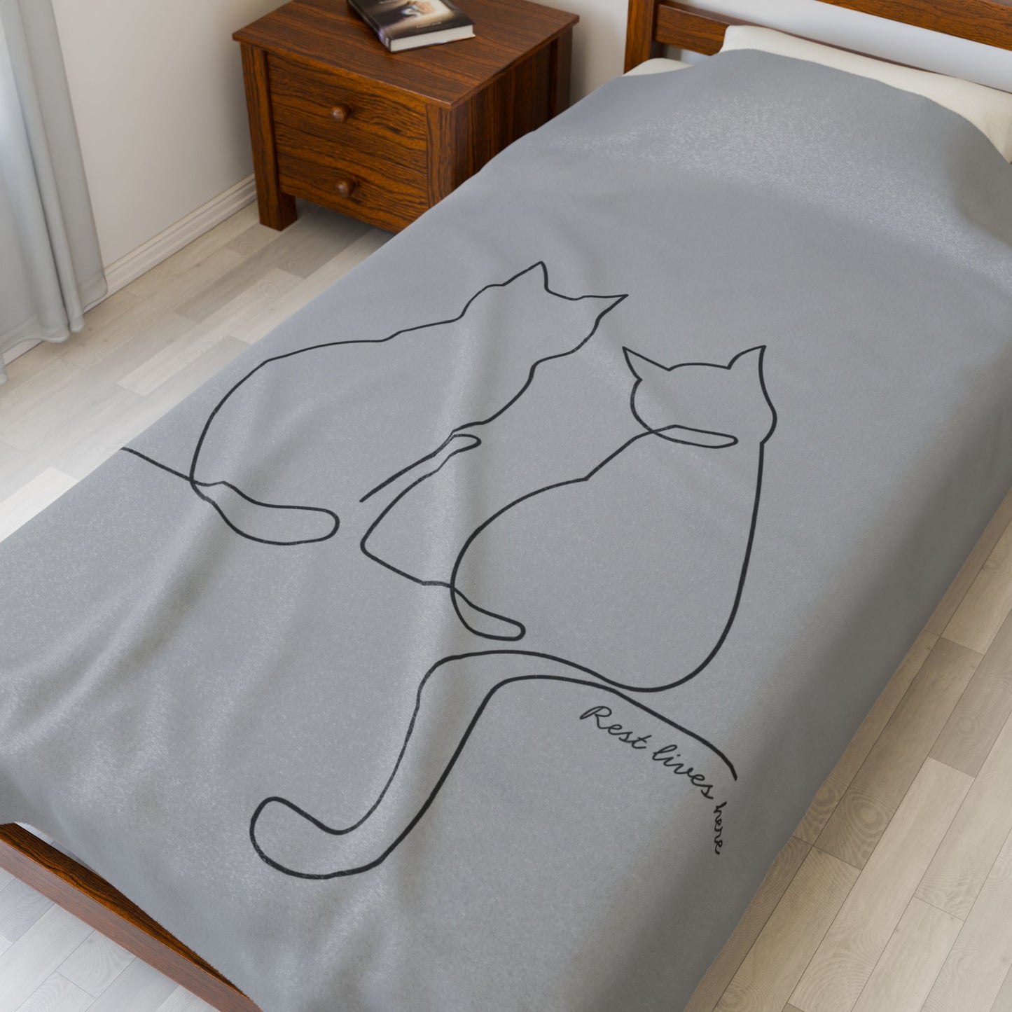 Velveteen Plush Blanket — Minimal Line Art Cat Throw for Cat Lovers