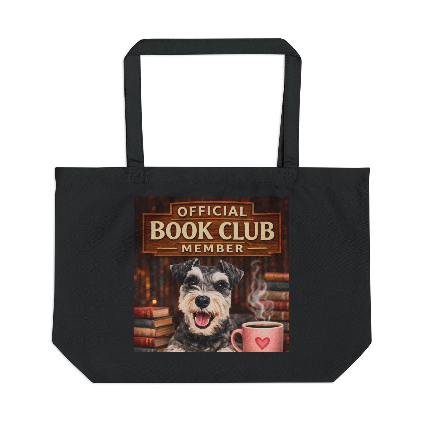 Black tote bag with a dog and book club design on a white background