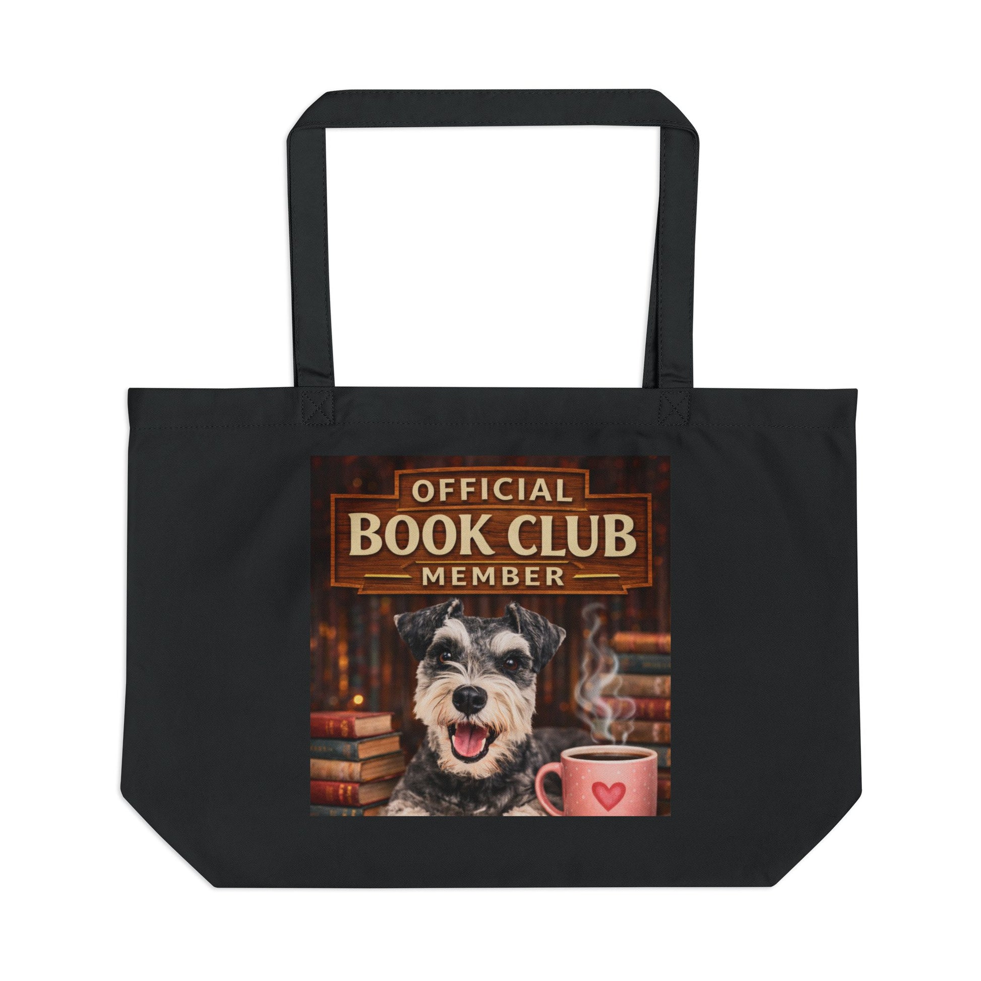 Black tote bag with a dog and book club design on a white background