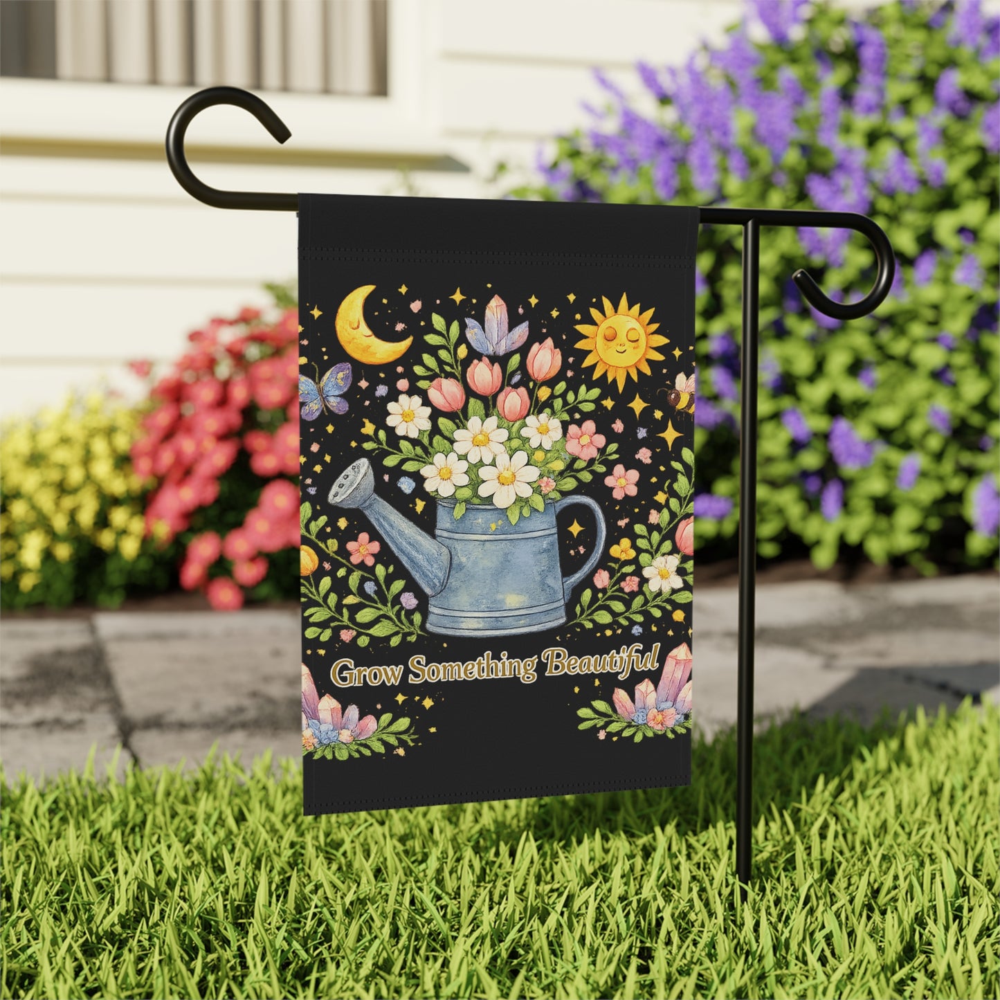 "Grow Something Beautiful" Watering Can Garden Flag/House Banner