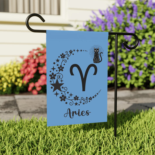 Aries Zodiac Garden Flag – Celestial Moon & Cat House Banner
