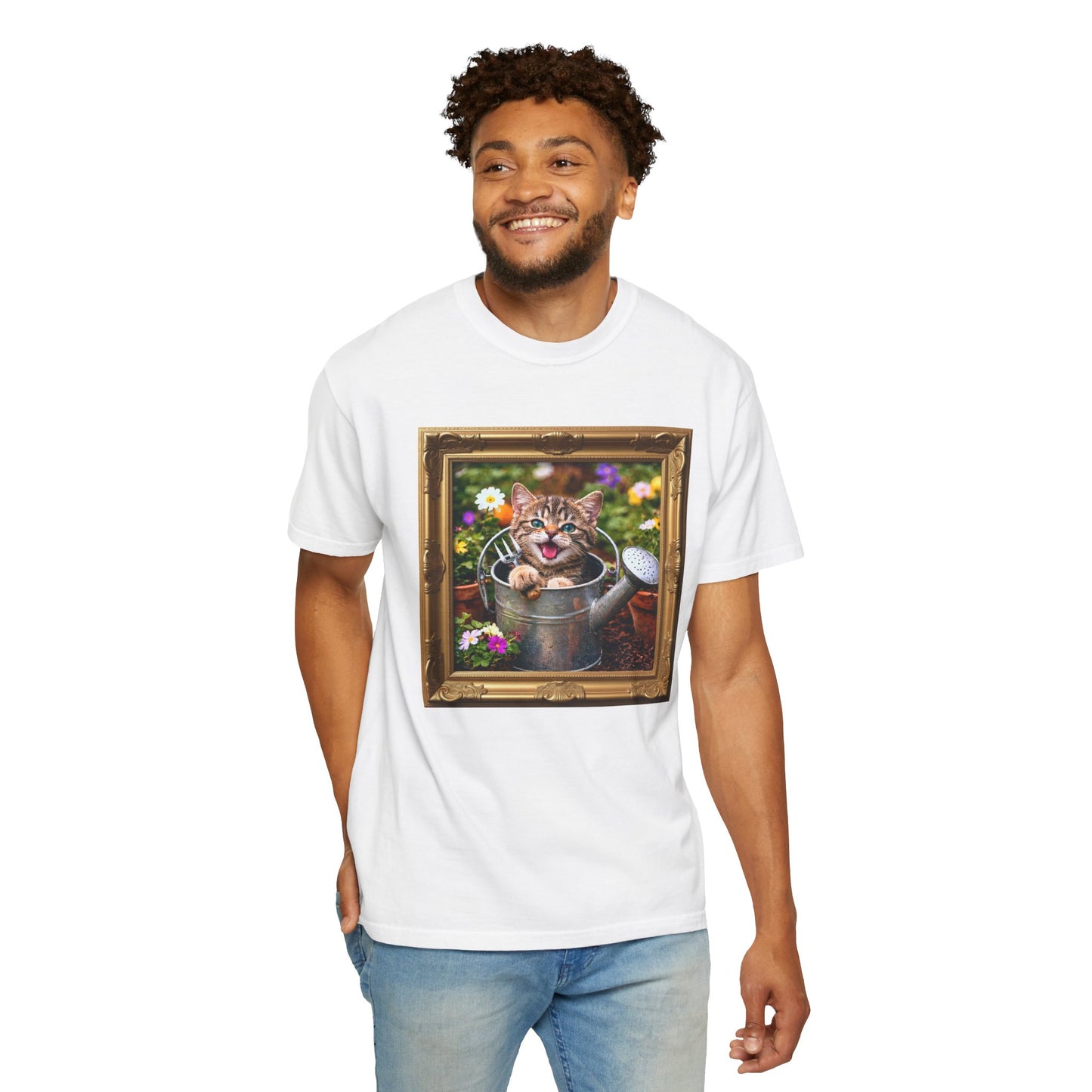 Framed Garden Cat in Watering Can Graphic T-Shirt