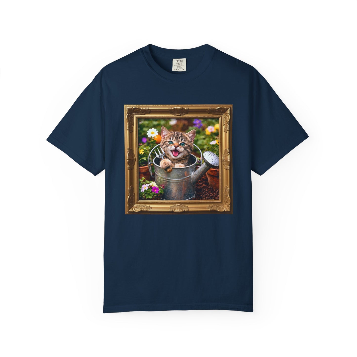Framed Garden Cat in Watering Can Graphic T-Shirt