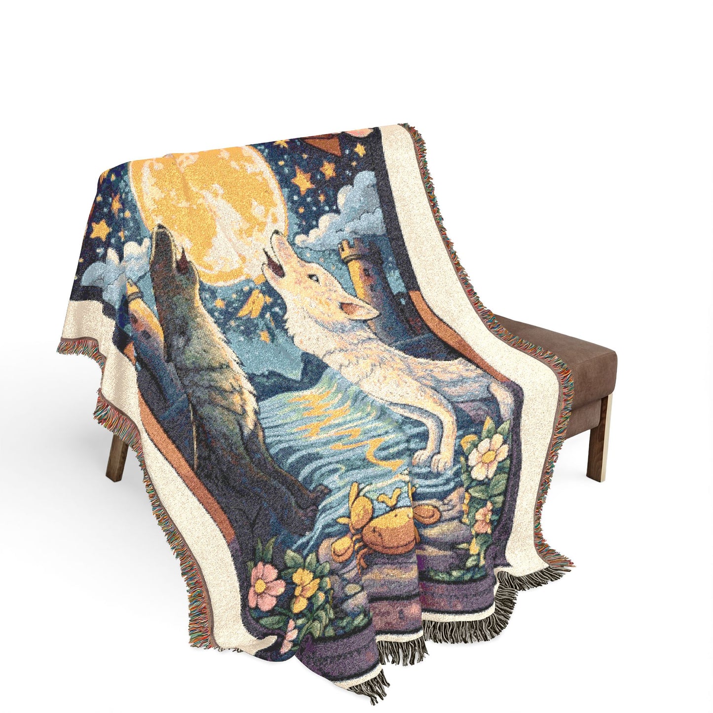 The Moon Tarot Card (Wolves) Woven Blanket/Throw