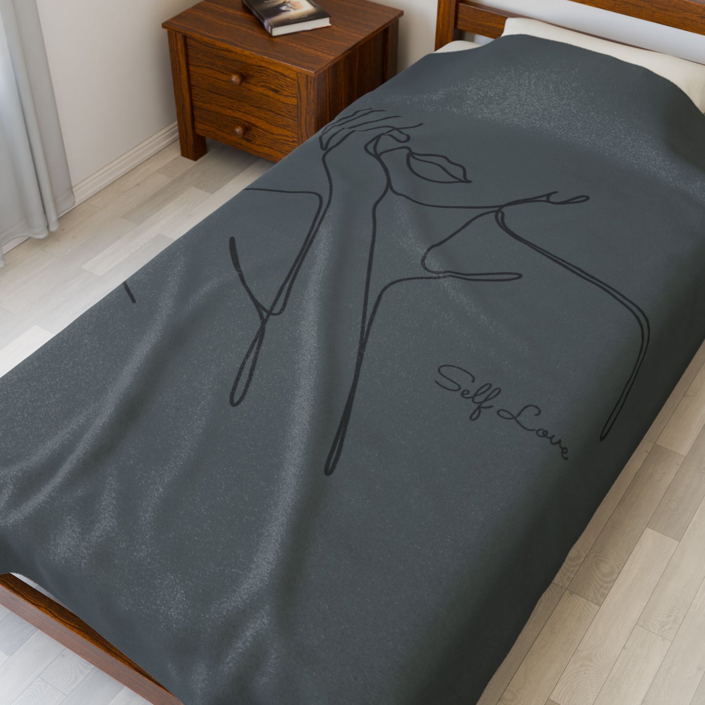 Minimal Line Art Velvet Plush Blanket — "Self Love" Cozy Throw