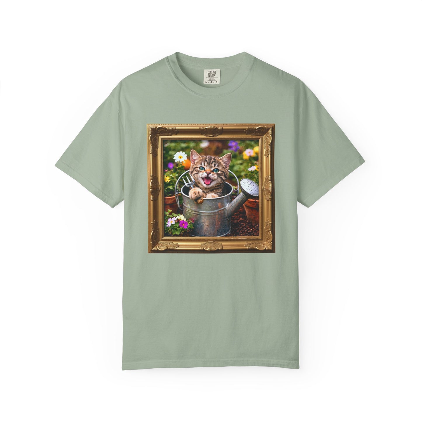 Framed Garden Cat in Watering Can Graphic T-Shirt