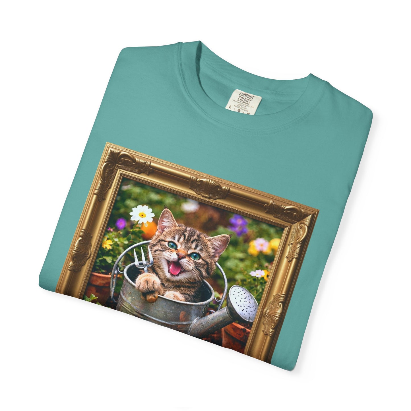 Framed Garden Cat in Watering Can Graphic T-Shirt