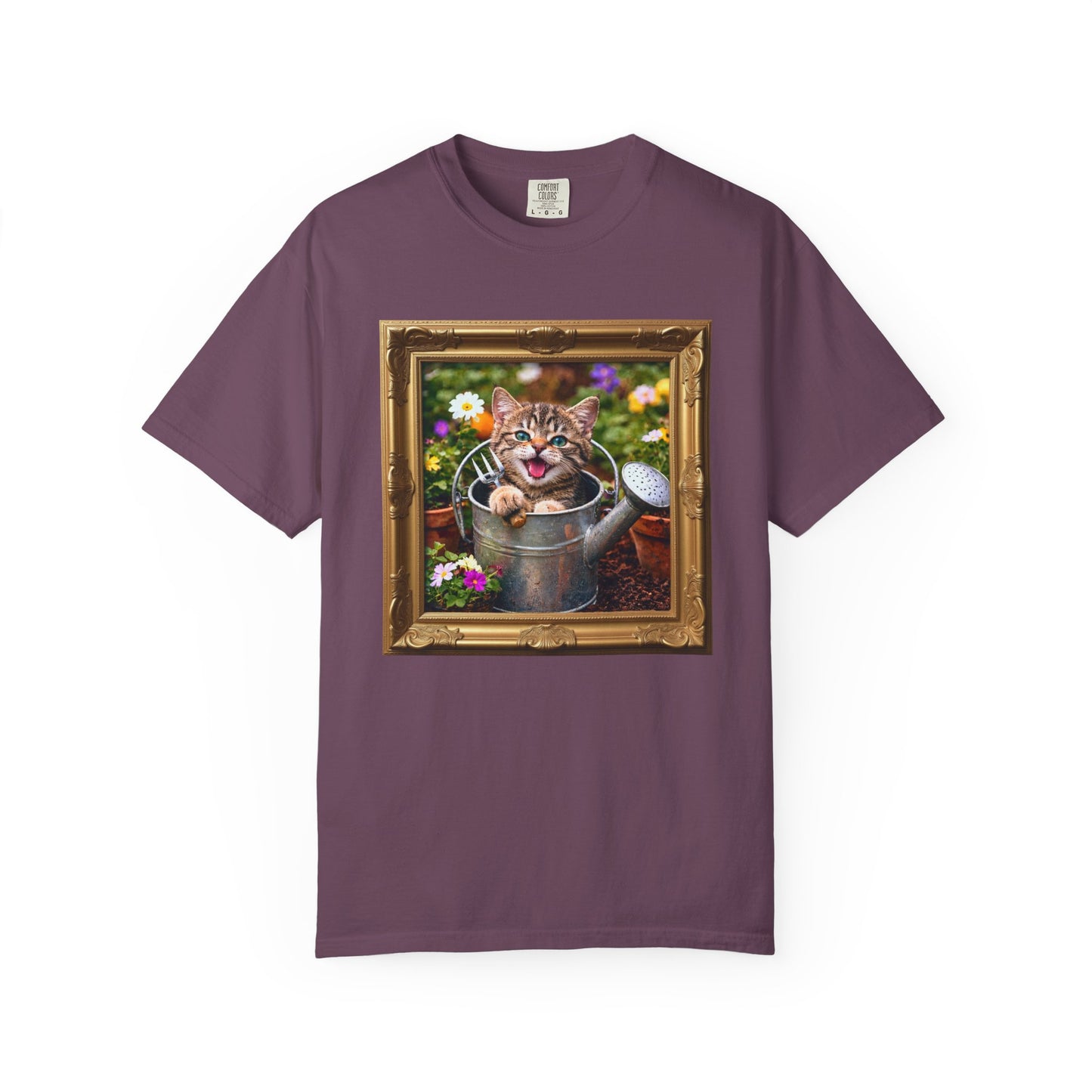 Framed Garden Cat in Watering Can Graphic T-Shirt