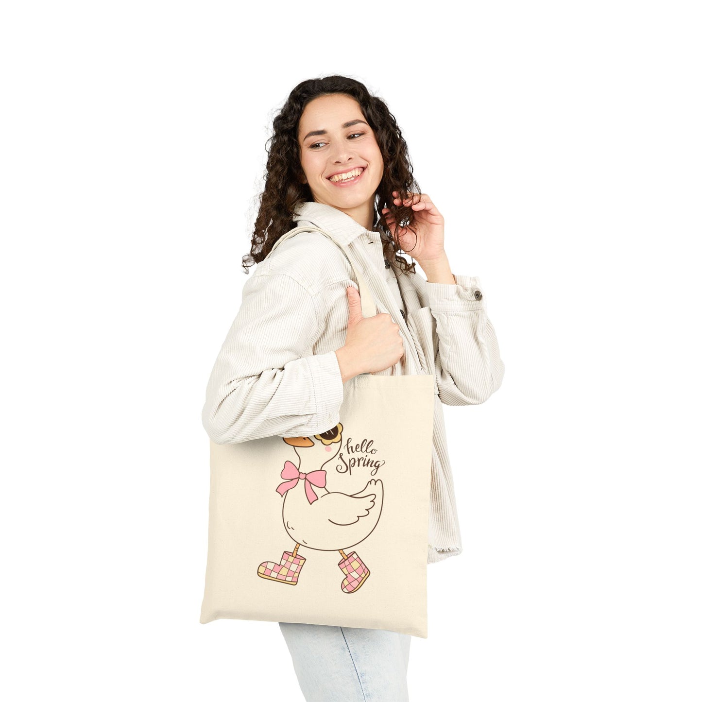 'Hello Spring' Duck in Rain Boots Canvas Tote
