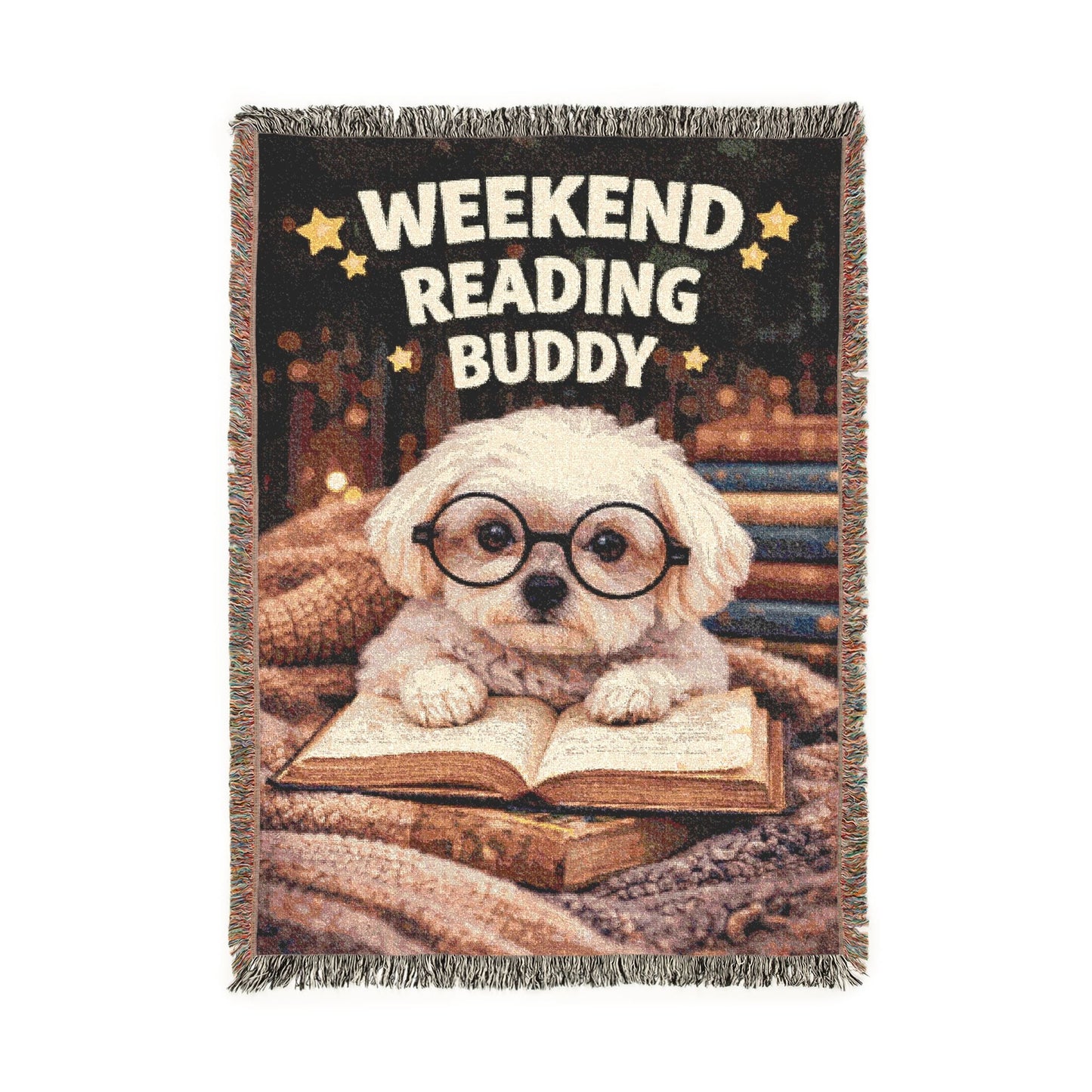 Blanket with an owl design and 'Weekend Reading Buddy' text on a white background