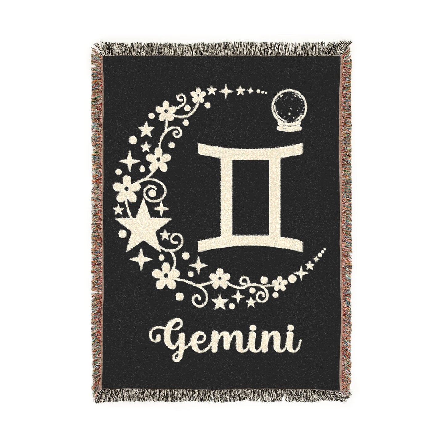 Blanket with 'Gemini' zodiac sign design on a black background