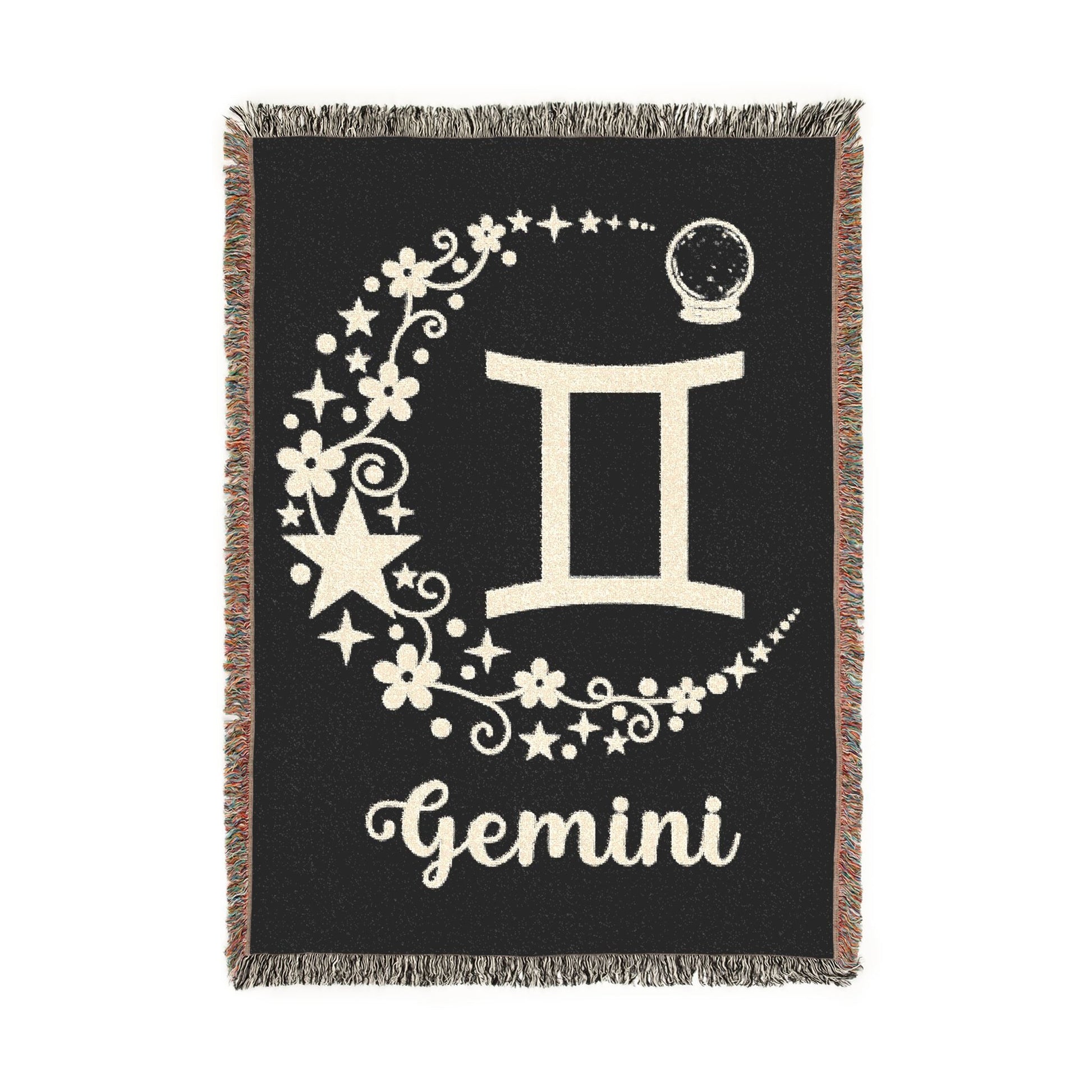 Blanket with 'Gemini' zodiac sign design on a black background