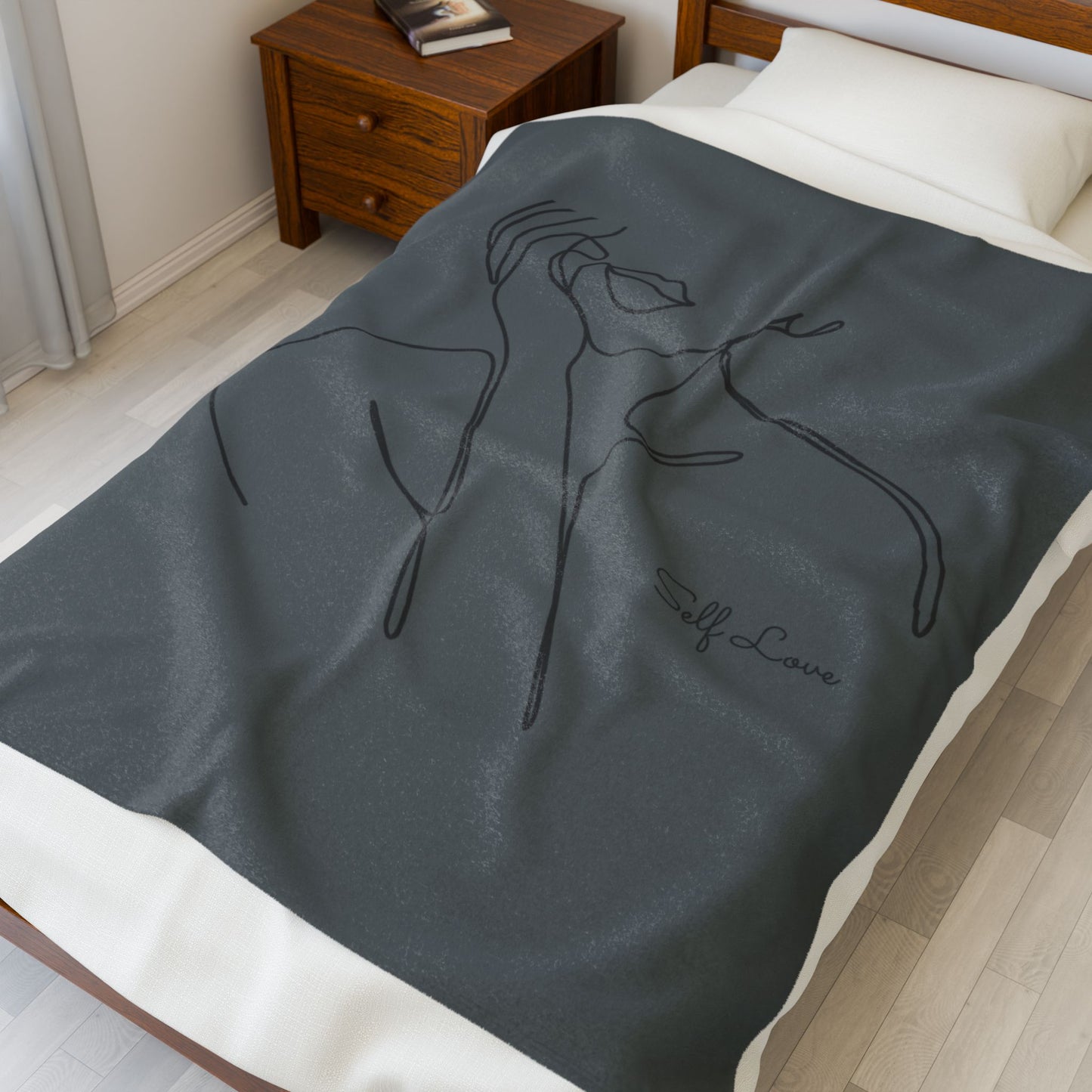 Minimal Line Art Velvet Plush Blanket — "Self Love" Cozy Throw