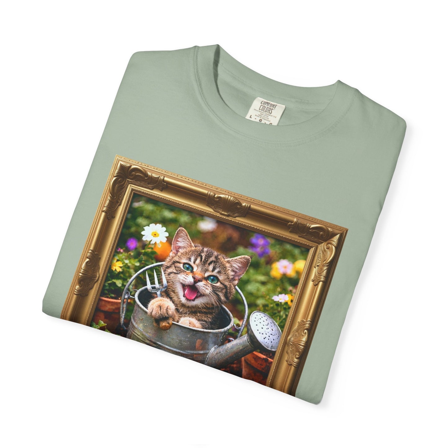 Framed Garden Cat in Watering Can Graphic T-Shirt