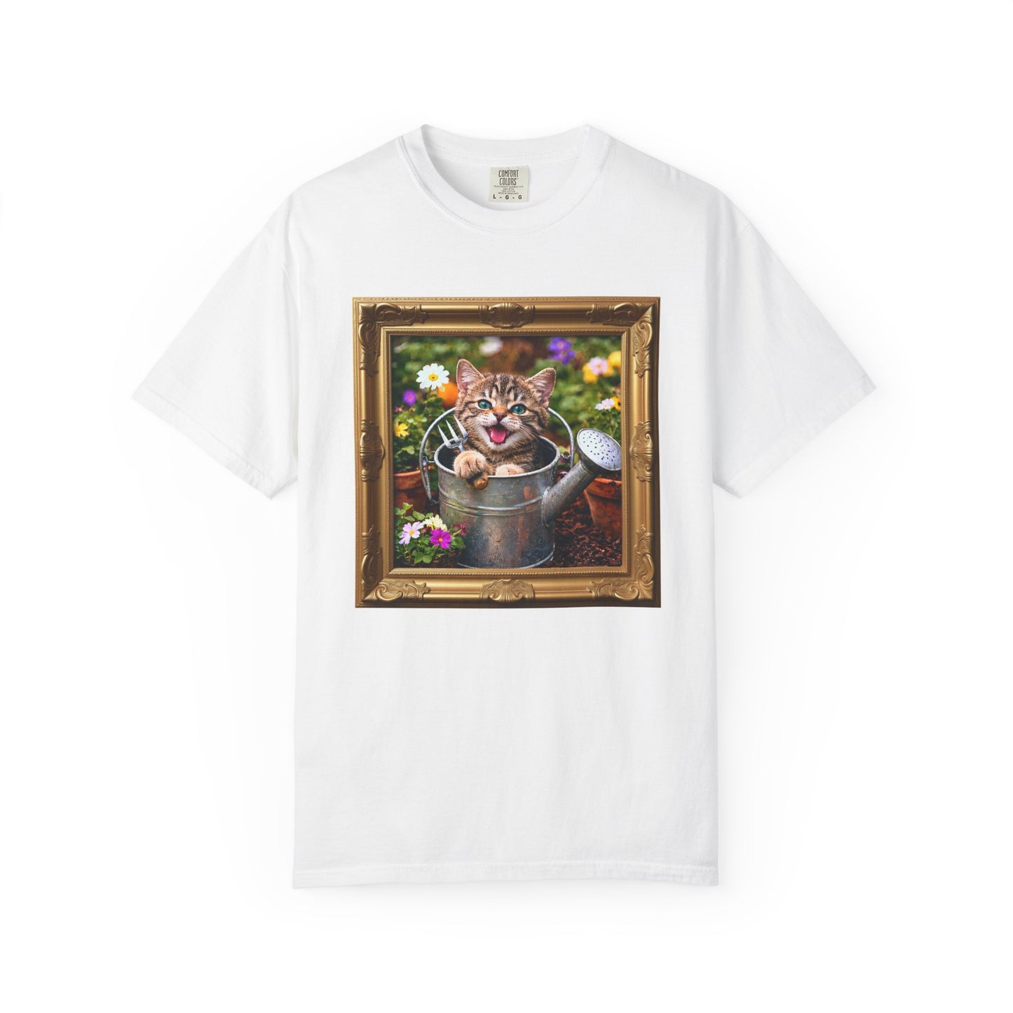 Framed Garden Cat in Watering Can Graphic T-Shirt