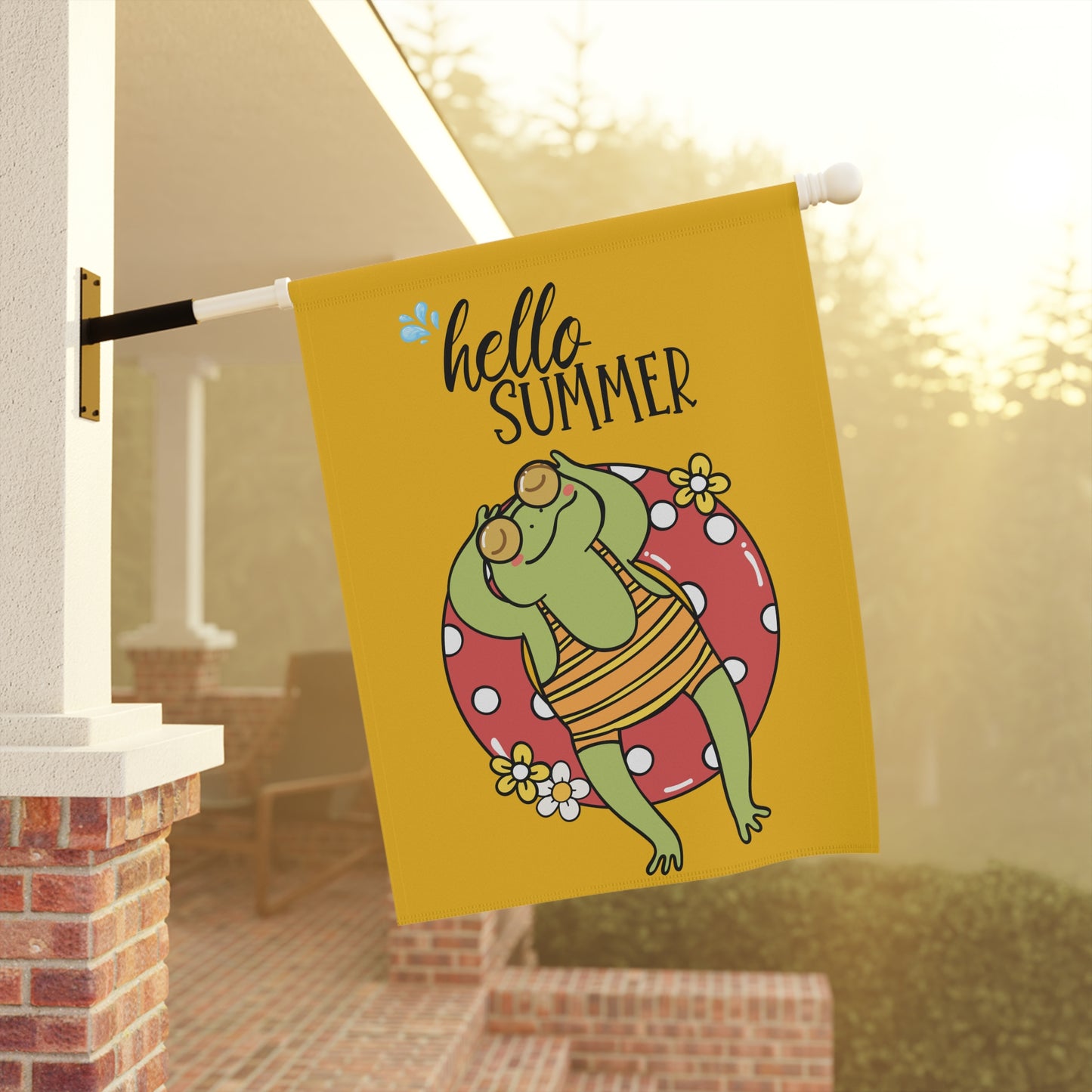 Hello Summer Garden Flag/Banner — Frog on Floatie