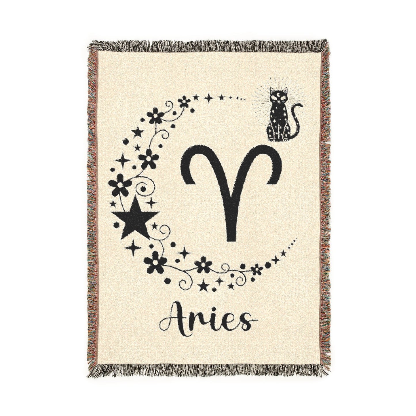 Blanket with Aries zodiac design featuring a star and floral elements on a beige background.