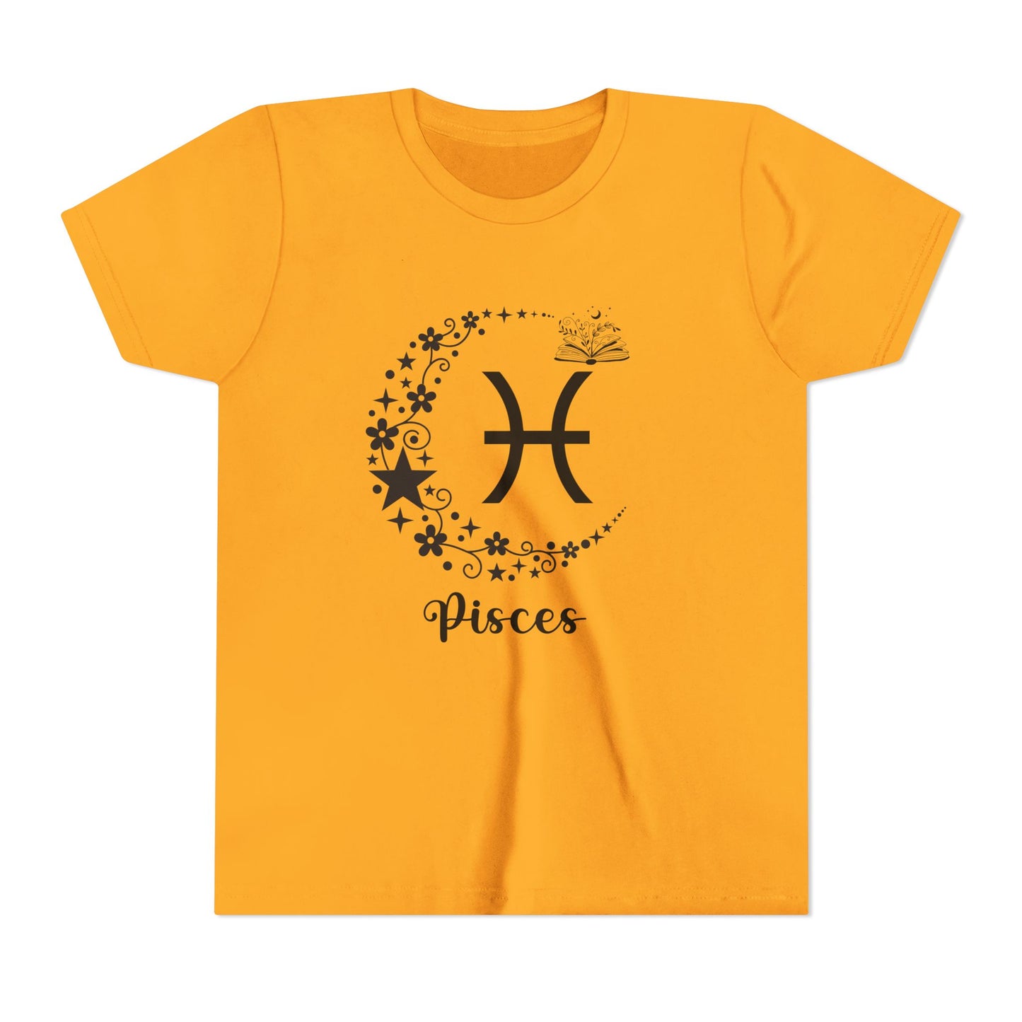 Yellow t-shirt with Pisces zodiac symbol design on a white background