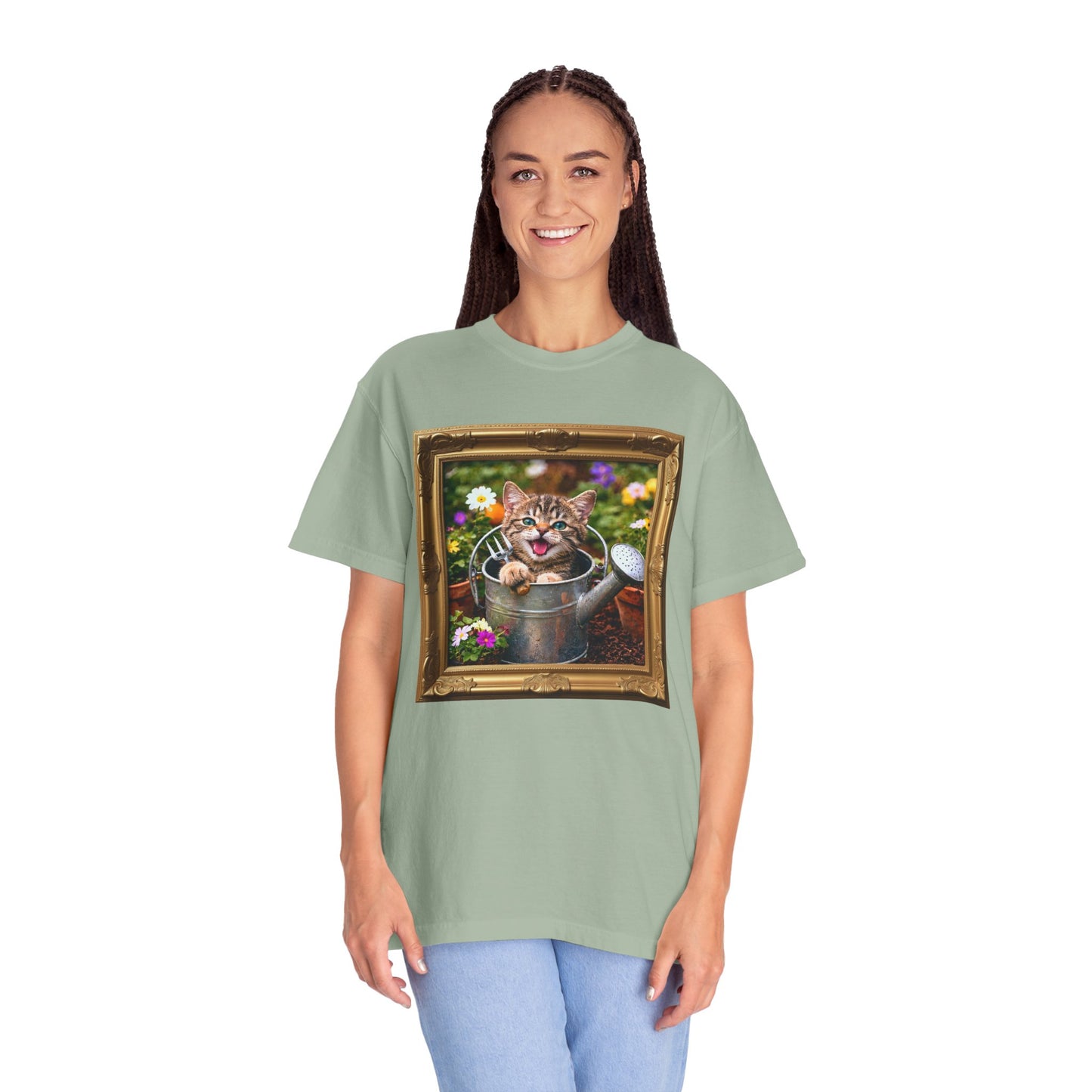 Framed Garden Cat in Watering Can Graphic T-Shirt