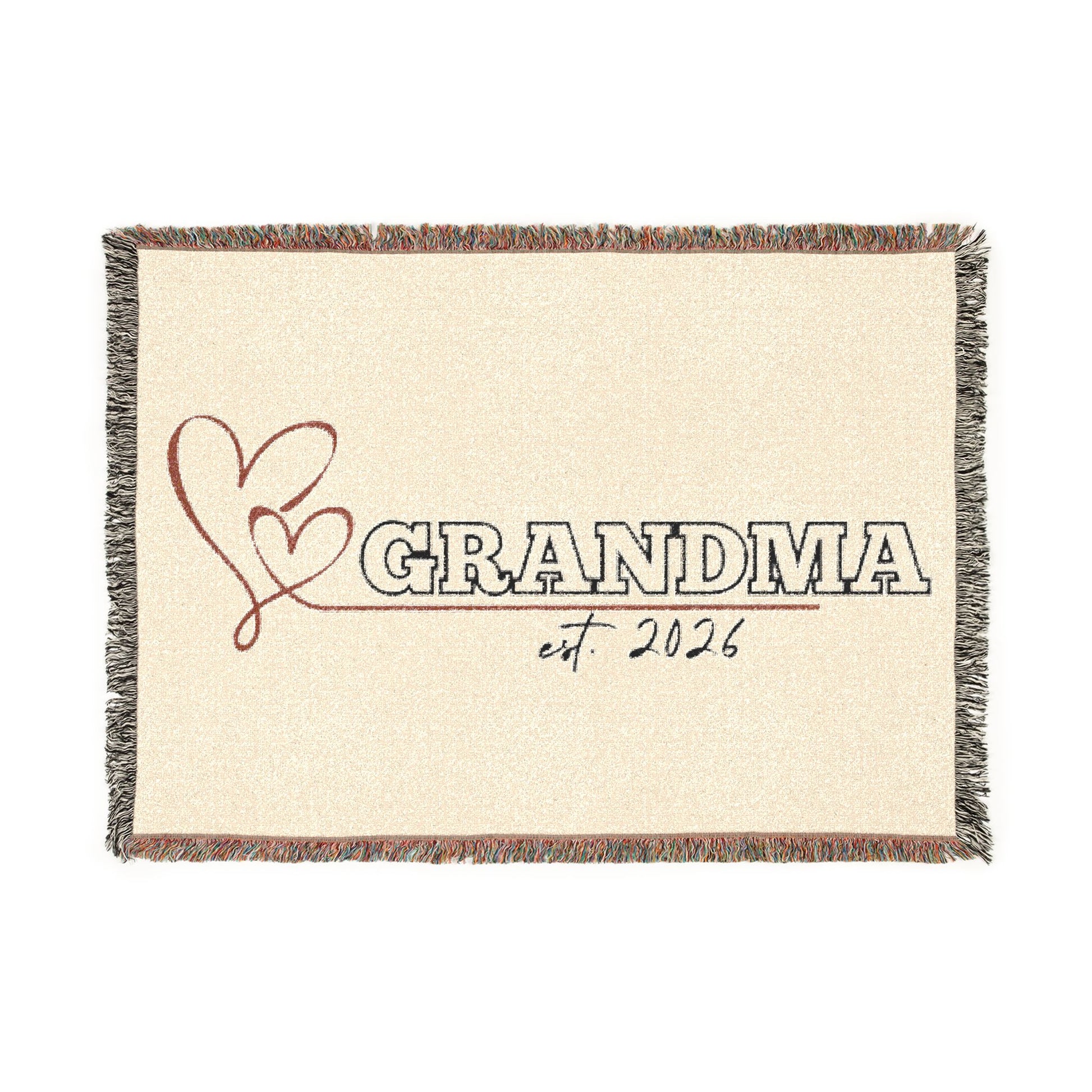 Blanket with 'GRANDMA est. 2026' text and heart design on a white background