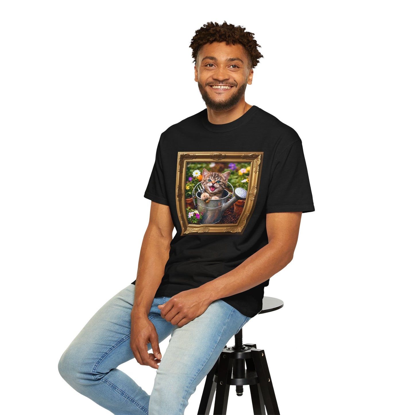 Framed Garden Cat in Watering Can Graphic T-Shirt