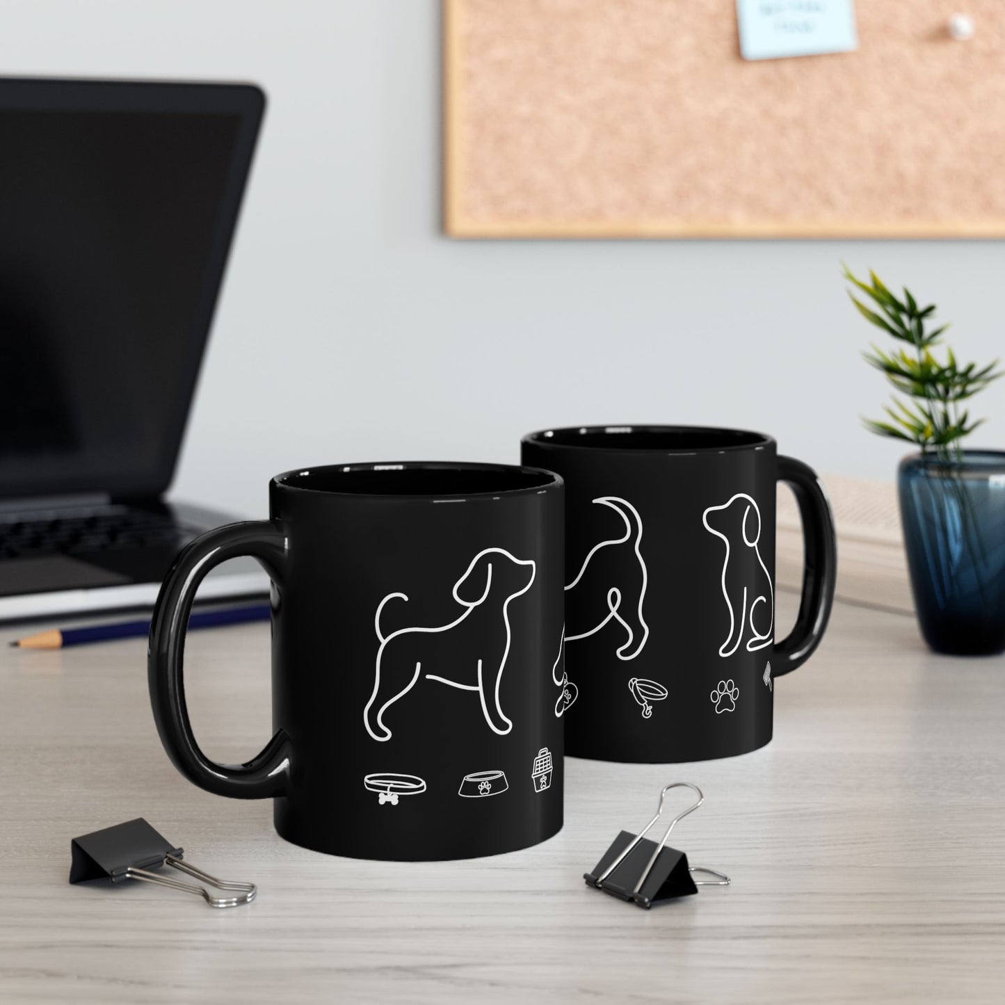 Black Dog Paw Print Mug — Neon Outline Pet Lover Coffee Cup (11oz, 15oz)