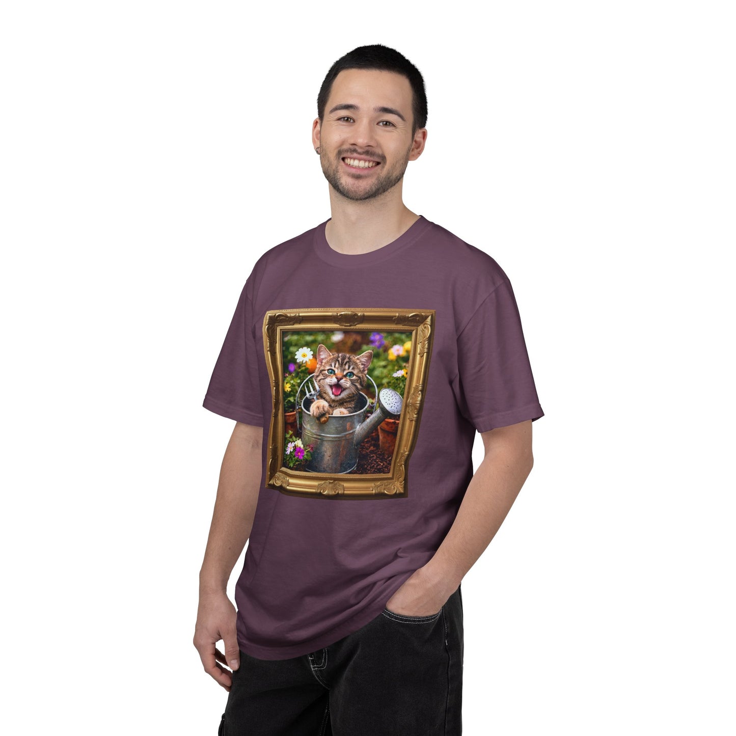 Framed Garden Cat in Watering Can Graphic T-Shirt
