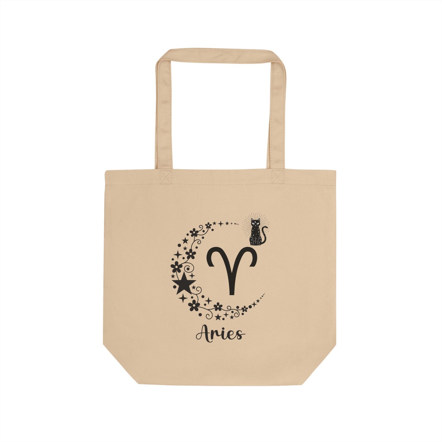 Beige tote bag with Aries zodiac symbol and cat illustration on a white background