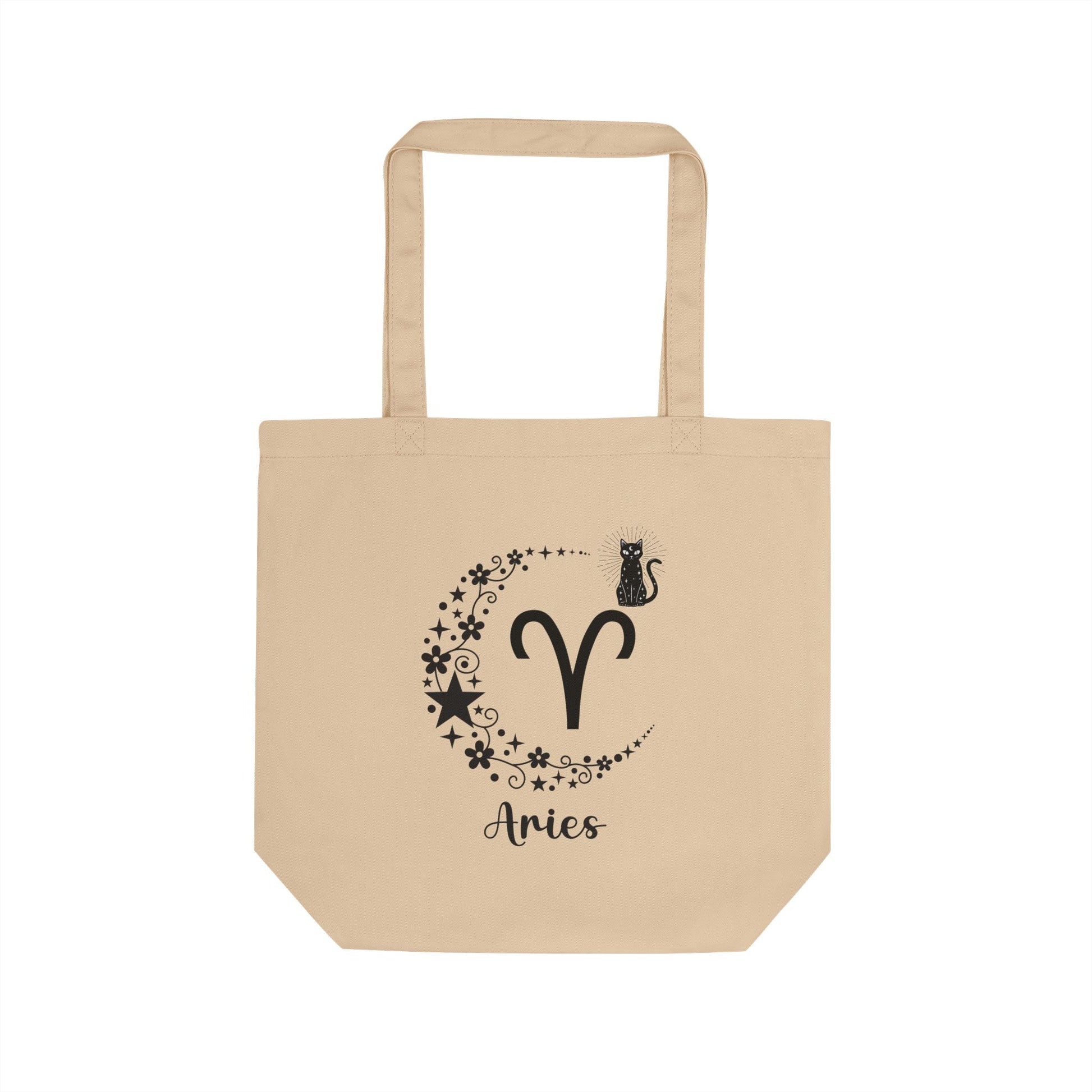 Beige tote bag with Aries zodiac symbol and cat illustration on a white background